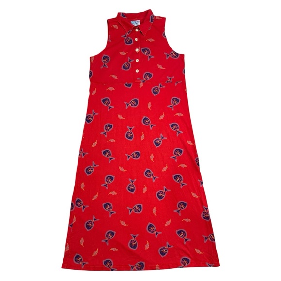 American Vintage Dresses & Skirts - Vintage Red Fish Tackle Printed Polo Collared Maxi Dress by Zip Code